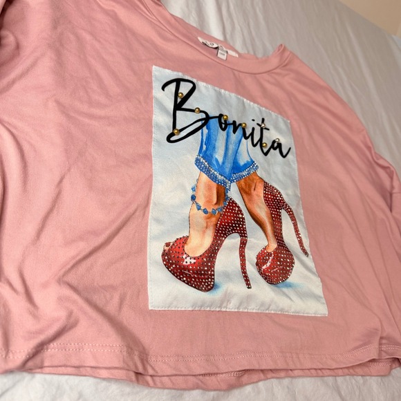 LOVE J Pink Cropped Long Sleeve Graphic T Shirt Bonita Heels Rhinestone Shoes XL - Picture 2 of 5